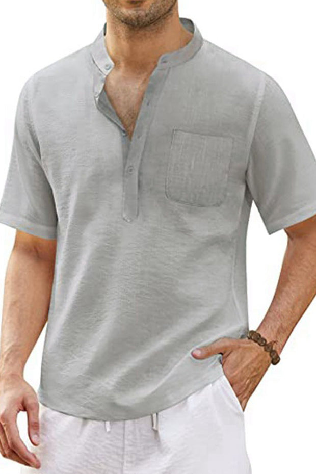 Solid Colour Short Sleeve Cotton Linen Shirt