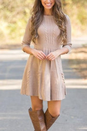 Solid Cable-knit Round Neck Casual 7-sleeve  Sweater Dress