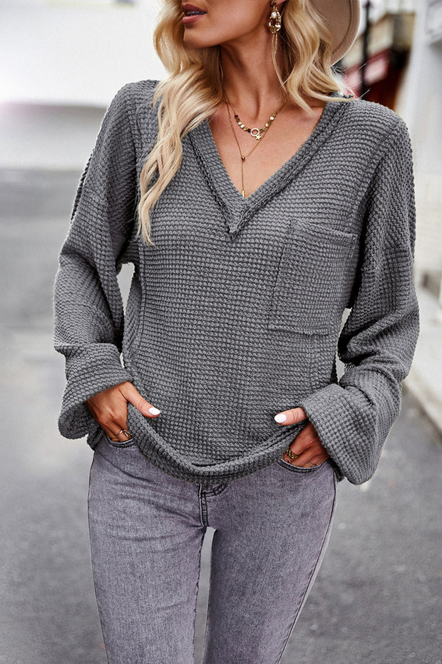V-neck Solid Color Knitted Long Sleeve Top