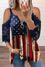 American Flag Star Striped Lace Cold Shoulder Blouse