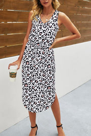 Leopard Print Asymmetric Hem Drawstring Waist Casual Dress