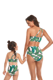 One Shoulder Ruffle Solid Print Parent-child Two Pieces Swimsuit