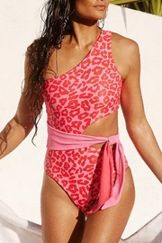 Sweet Leopard Printed Cutout One Shoulder One-piece Swimsuit