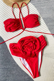 Three-dimensional flower split solid color women's swimsuit
