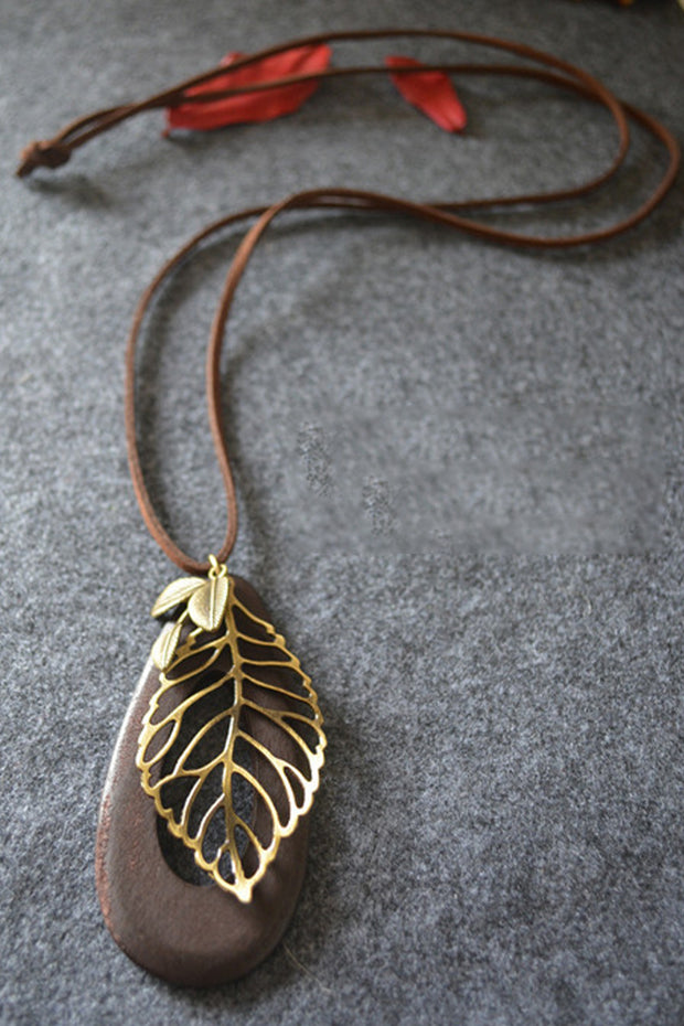 Wooden Water Drop Hollow-carved Leaf Pendant Long Necklace Sweater Chain