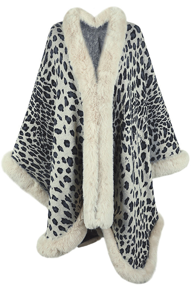 Fur Collar Leopard Shawl Sweater