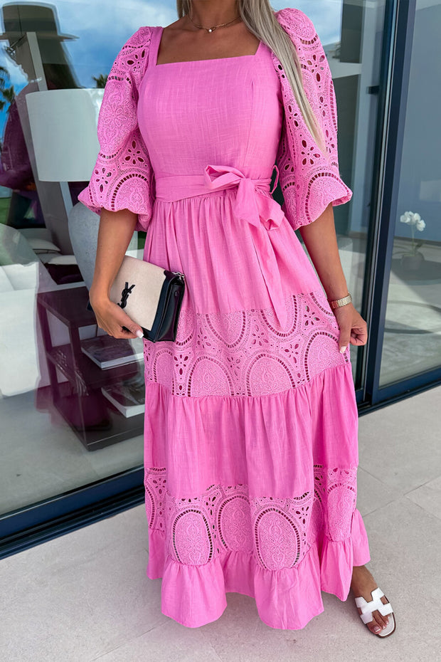 Crochet Lace Patchwork Belted Puff Sleeve Maxi Dress