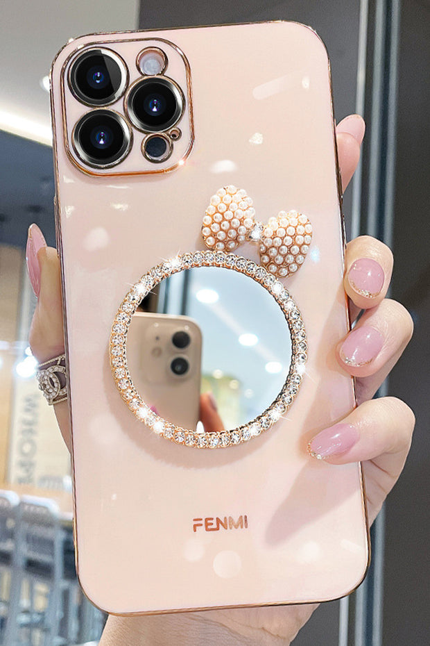 Electroplating Phone Case With Rhinestone Mirror and Pearl Bow Decoration For iPhone14/13/12/11(Pro,Pro Max)