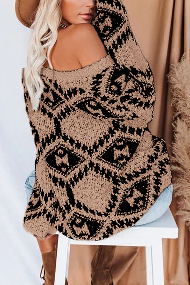 Oversized Geometric Print V Neck Sweater