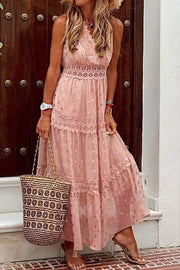Stylish PolkaDots Print Lace V-Neck Maxi Dress