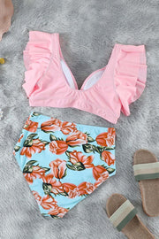 Pink Floral Ruffled Hem High Waist Two Piece Swimsuit