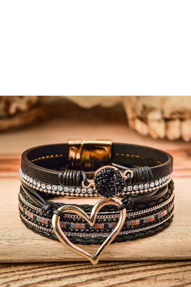 Heart Rhinestone Leather Bracelet