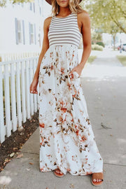 Striped Floral Print Patchwork White Maxi Dress
