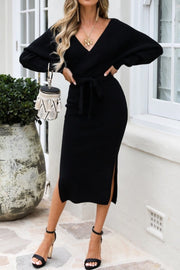 Solid  Pure color V-neck casual long sweater dress
