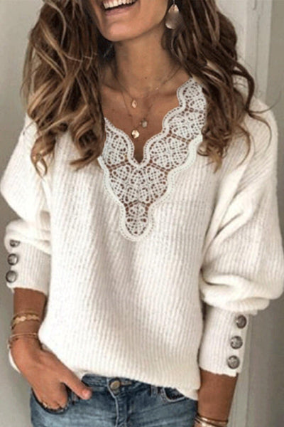V Neck Lace Patchwork White Sweater