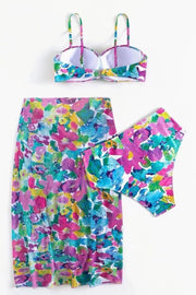 3Pcs Floral Print Ruffled Swimsuit