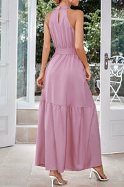 Elegant Solid Halter Neck Lace-up Maxi Dress