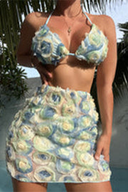 3D Seersucker Floral Three-Piece Swimsuit