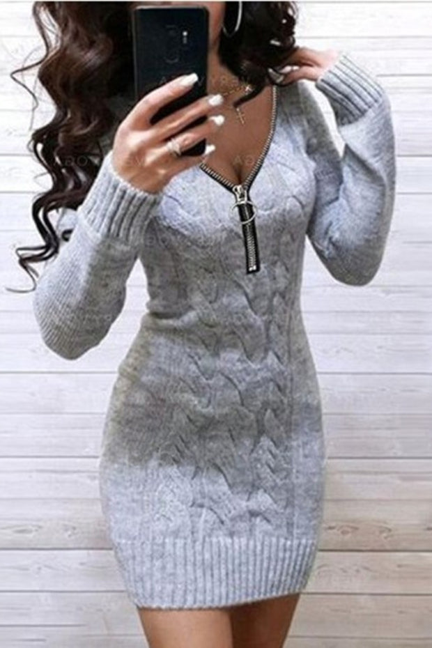 Solid V-Neck Casual Long Tight Sweater Dress(2 Colors)