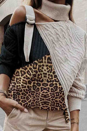 Turtleneck One Shoulder Leopard Patchwork Loose Sweater