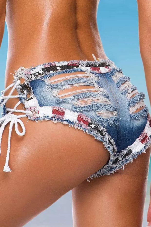American Flag Lace Up Ripped Hole Frayed Shorts