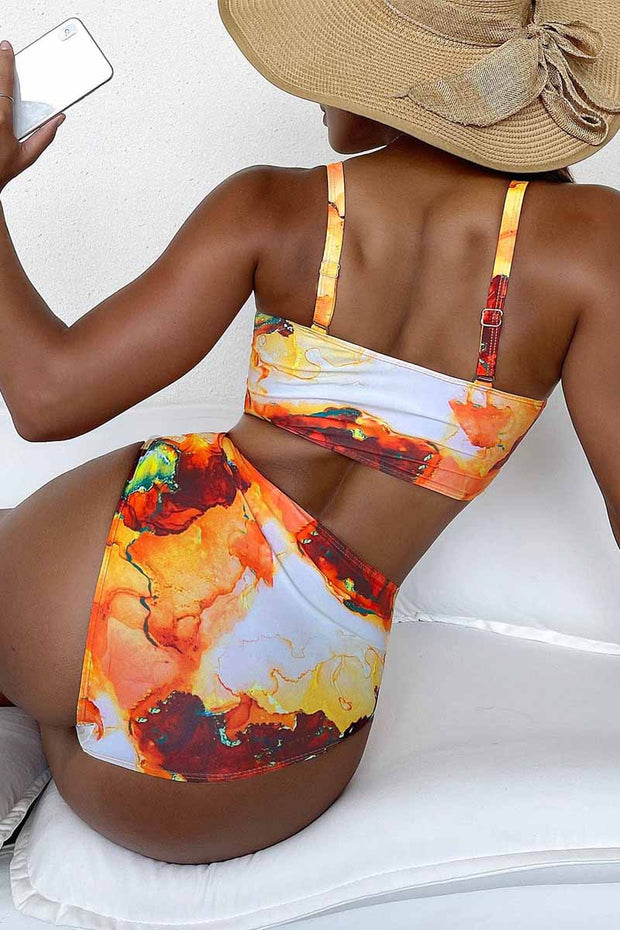 Marble Print Ruched Push Up Two Piece Swimsuit