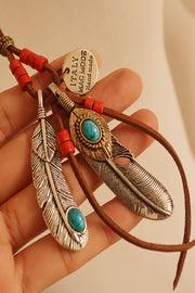 Feather Leaves Tassel Wooden Bead Pendant Long Necklace Sweater Chain