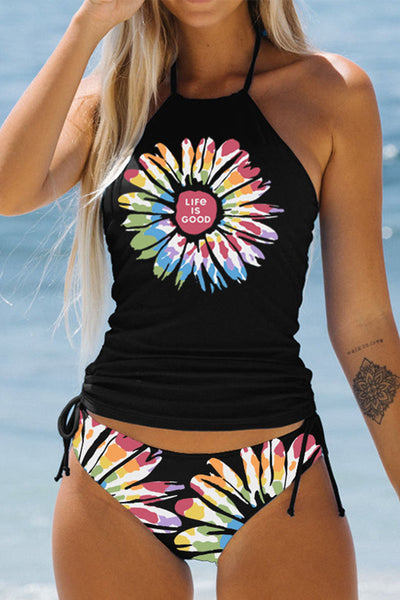 Simple Colorful Floral Black Halter Two-Piece Swimsuit