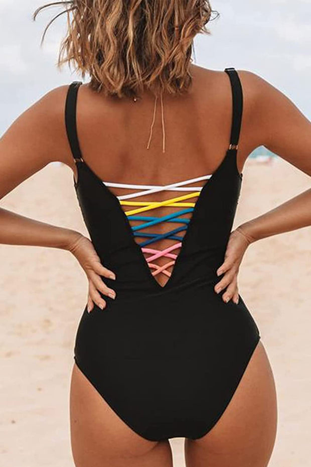 Sexy Lace Up Deep V  One-piece Swimsuit