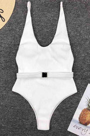 Belt Design Solid One-piece Swimsuit (5 Colors)