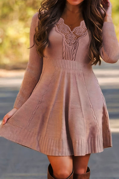 Solid Cable-knit Lace V-Neck Casual Long Sweater Dress