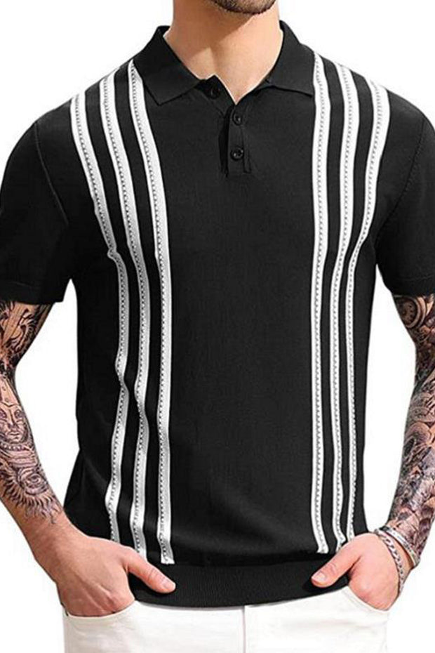 Men's Black Striped Knit Polo Shirt