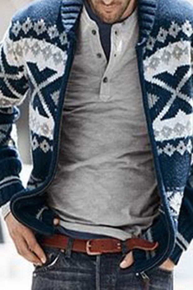 Uniqshe Men's Long Sleeve Printed Cardigan Knitted Jumper Jacket