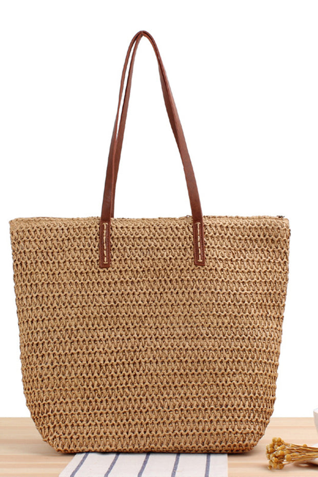 Trendy Leather Strap Woven Straw Beach Shoulder Bag