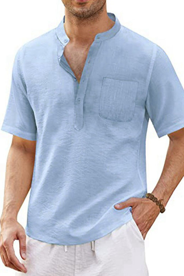 Solid Colour Short Sleeve Cotton Linen Shirt