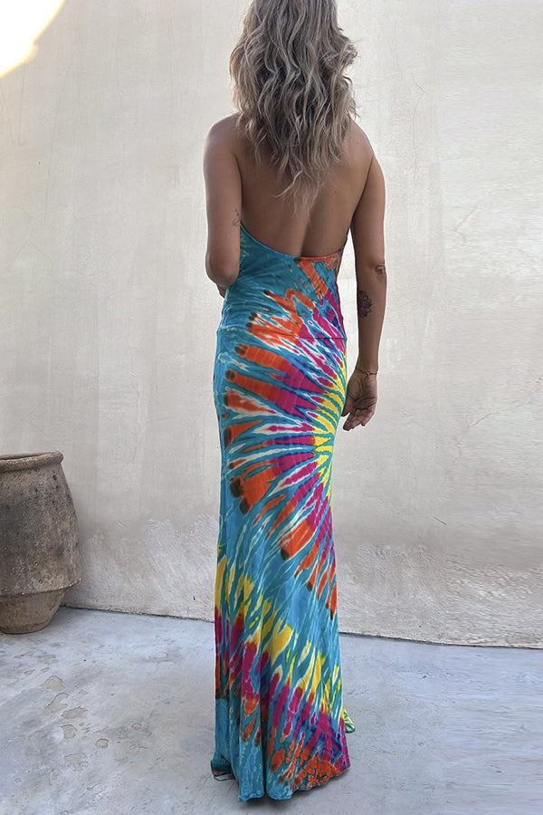 Tie-dye Print Halter Backless Stretch Maxi Dress