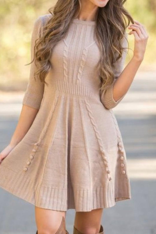 Solid Cable-knit Round Neck Casual 7-sleeve  Sweater Dress