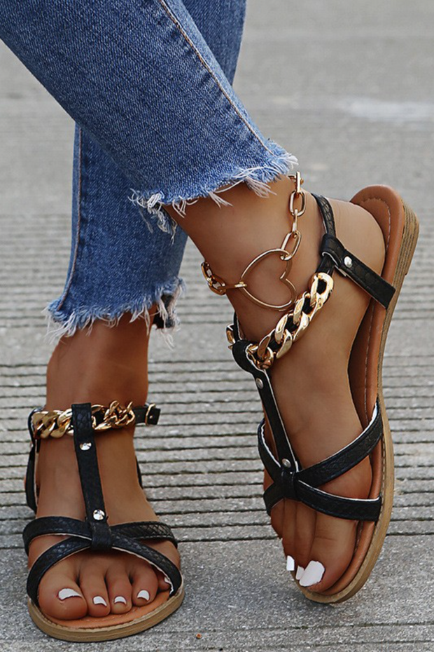 Buckle Chain Hollow-out Flat Heel Sandals