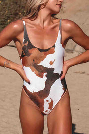 Cow Print Scoop Neck One-piece Swimsuit