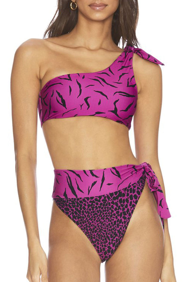 One Shoulder Leopard Print Two Pieces Swimsuit