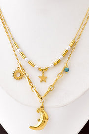 Good Night Moon Chain Pearl Star Double Layer Pendant Necklace