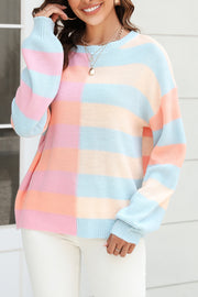 Paneled Striped Color-blocking Round Neck Knitted Pullover Sweater