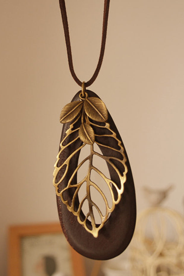Wooden Water Drop Hollow-carved Leaf Pendant Long Necklace Sweater Chain