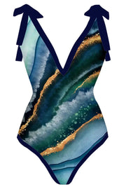 Marble Print Tied Detail One Piece Swimsuit With Cover Up