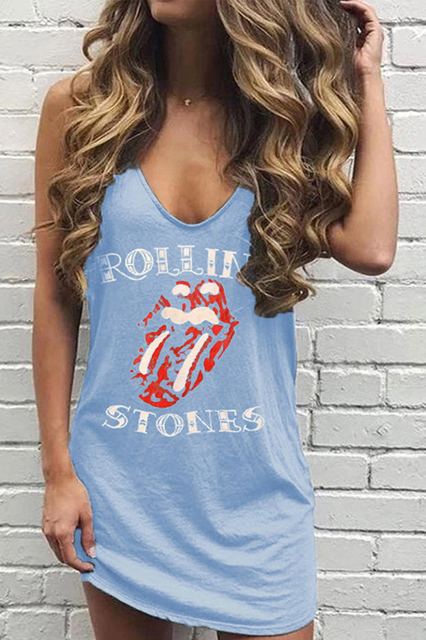 Lip Print Rolling Stones Blue Mini Dress
