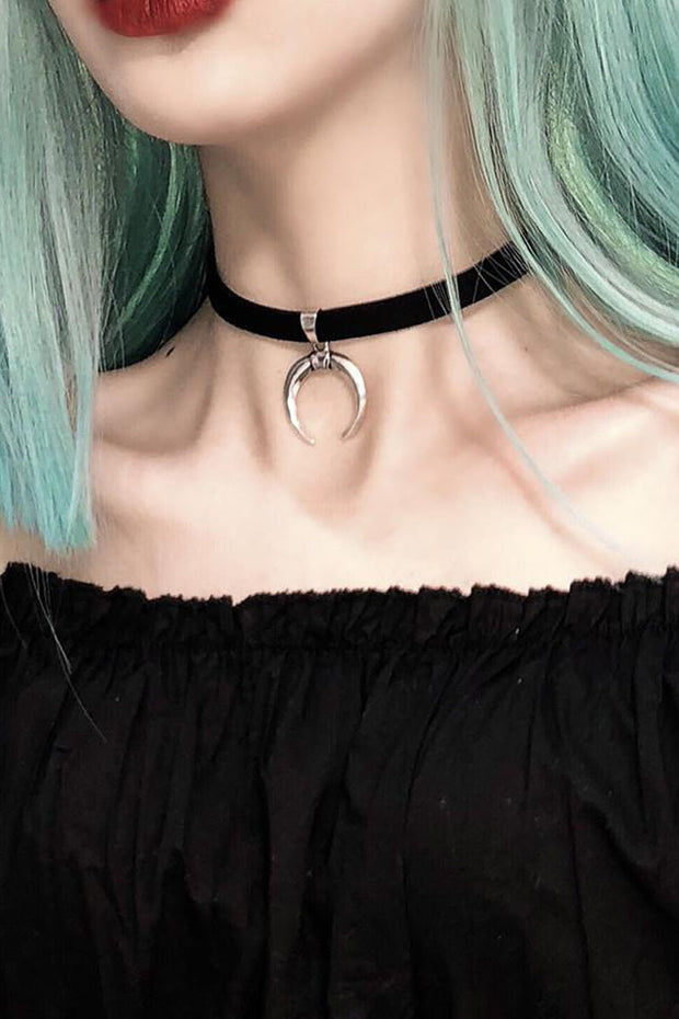 Silver Moon Pendant Gothic Choker Necklace