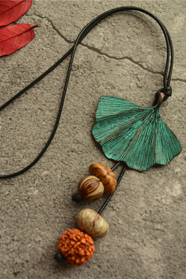 Patina Ginkgo Leaf Walnut Bodhi Root Long Necklace Sweater Chain