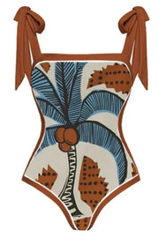 Coconut Tree Tropiacl Print Tied Detail One Piece Swimsuit With Cover Up