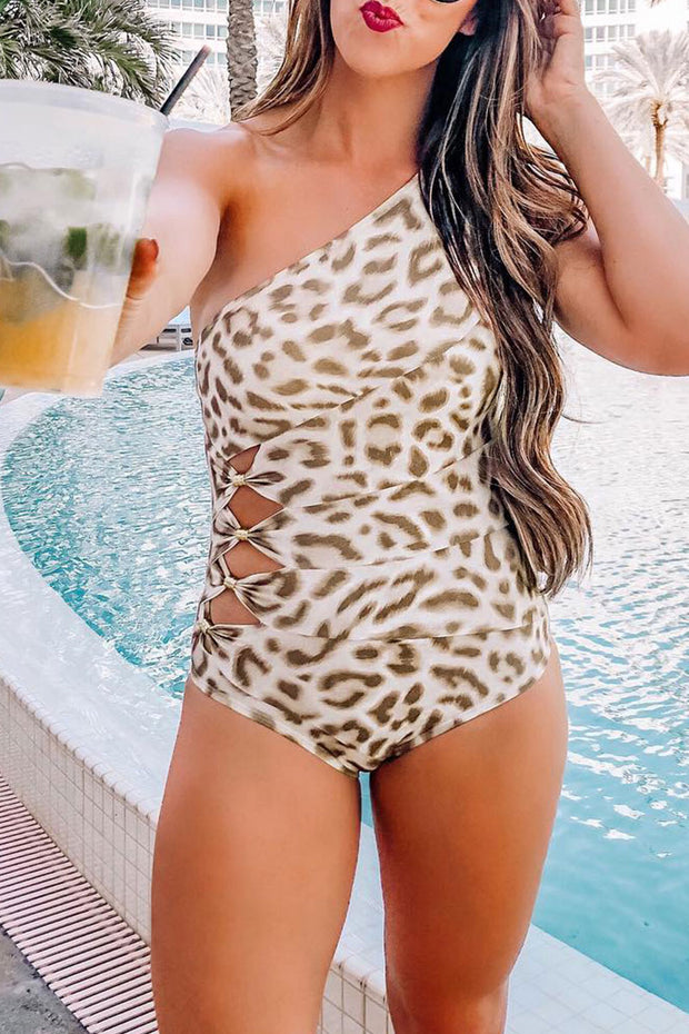 Hollow-out Leopard One Shoulder One-piece Swimsuit