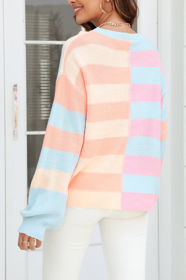 Paneled Striped Color-blocking Round Neck Knitted Pullover Sweater